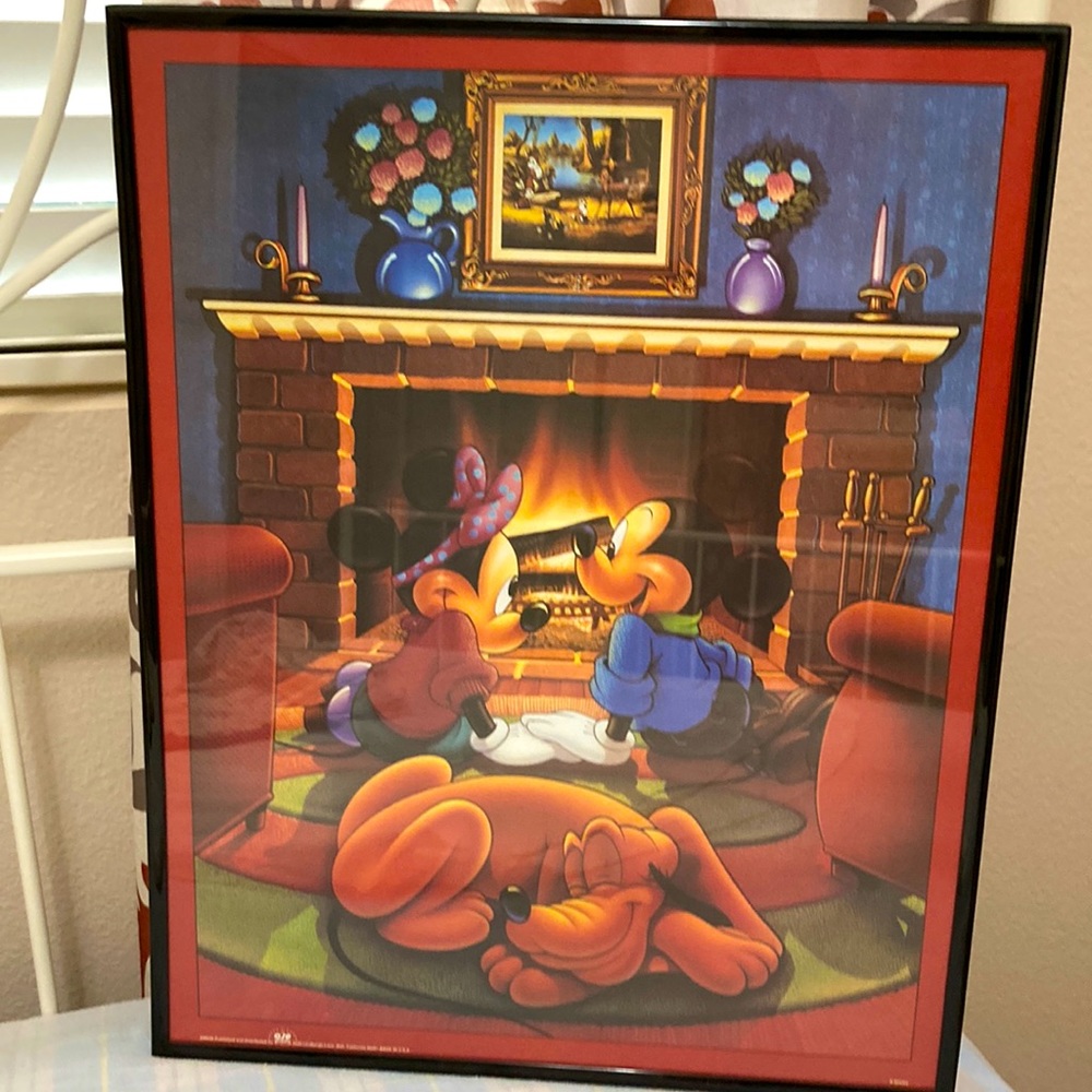 Vintage 1990s Mickey And Minnie Disney Fireplace Framed Poster